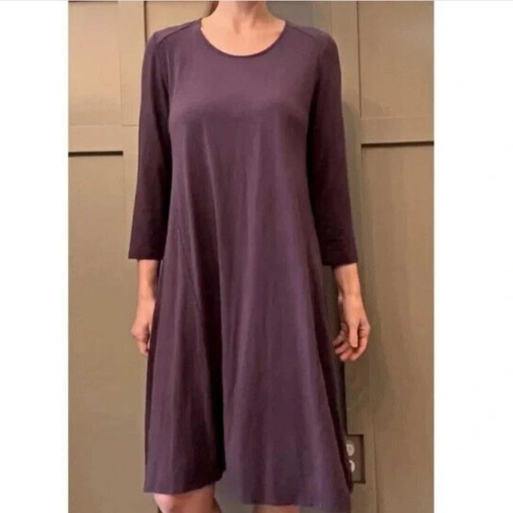 Garnet Hill Jersey Swing Dress 3/4 Sleeve A-Line Soft Stretch Plum M Minimalist